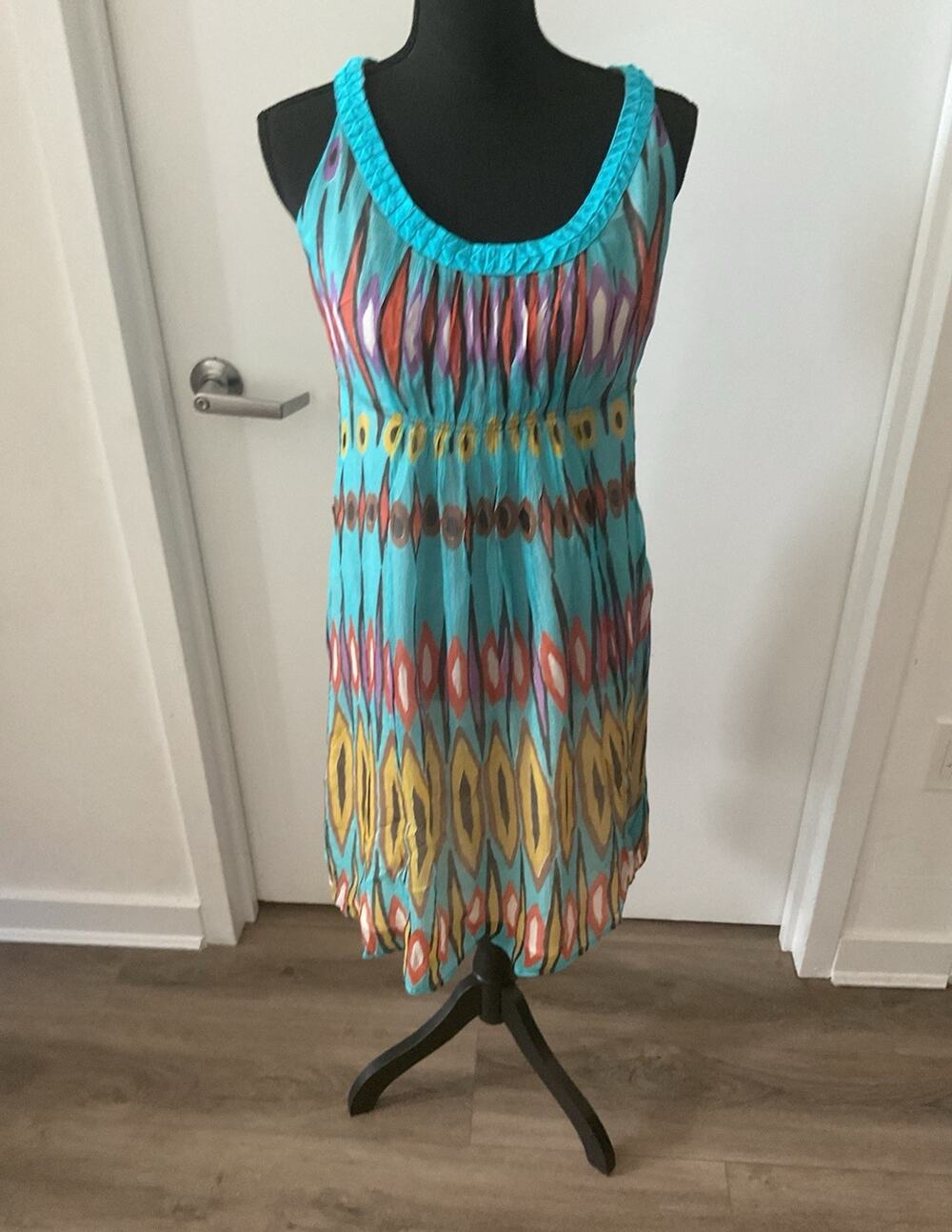 Tory Burch A-Line Chiffon Dress 10 Geometric Turquoise Scoop Neck Zip Lined